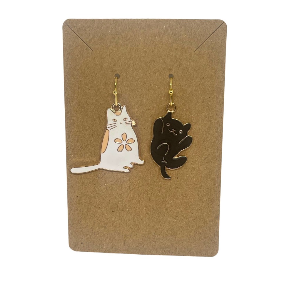 Cat Earrings Black White - Gold Plated Enamel Charms Cats at Play Hypoallergenic